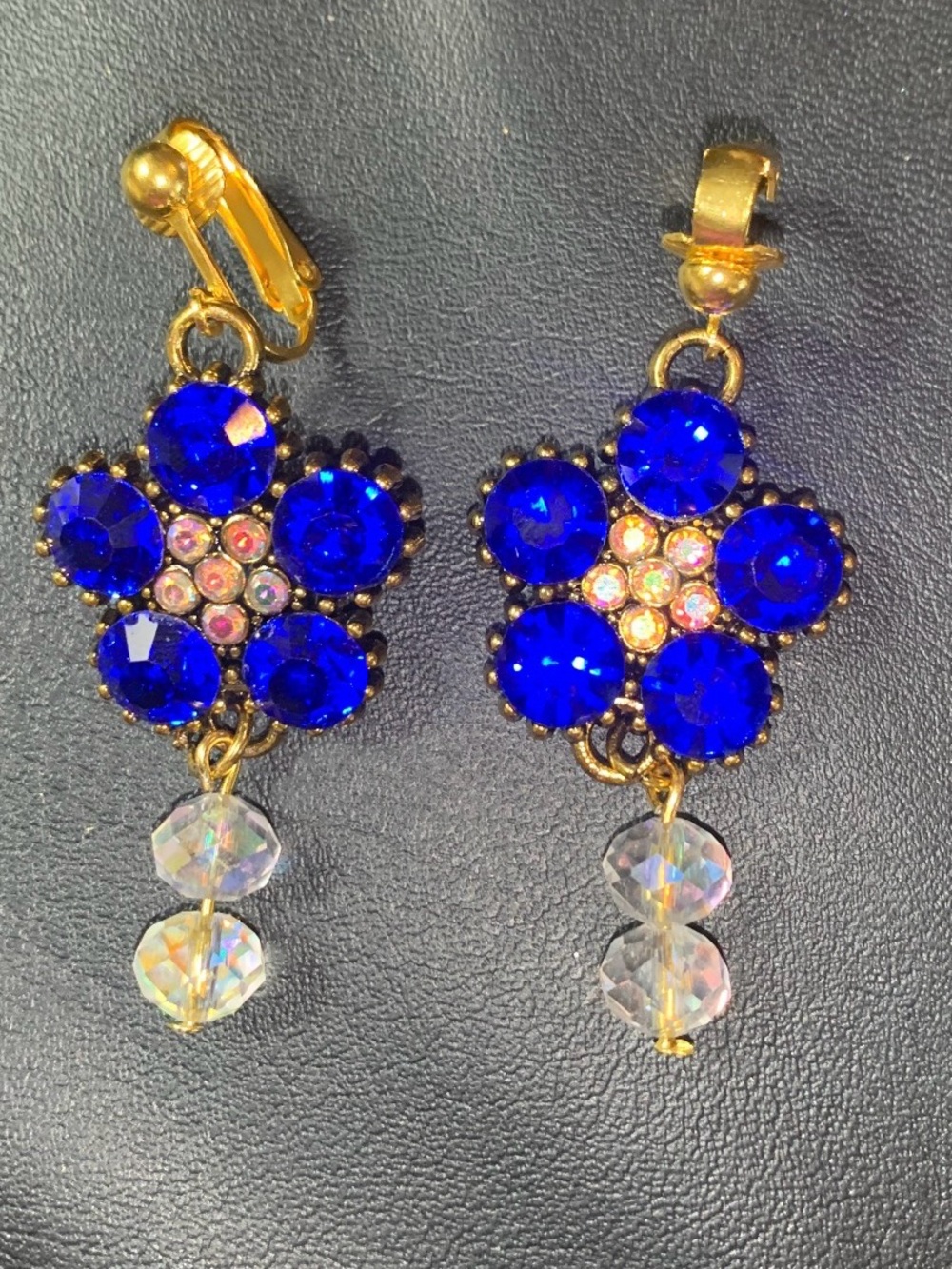 Gold-Tone Royal Blue Crystal Flower Drop Clip-On Earrings